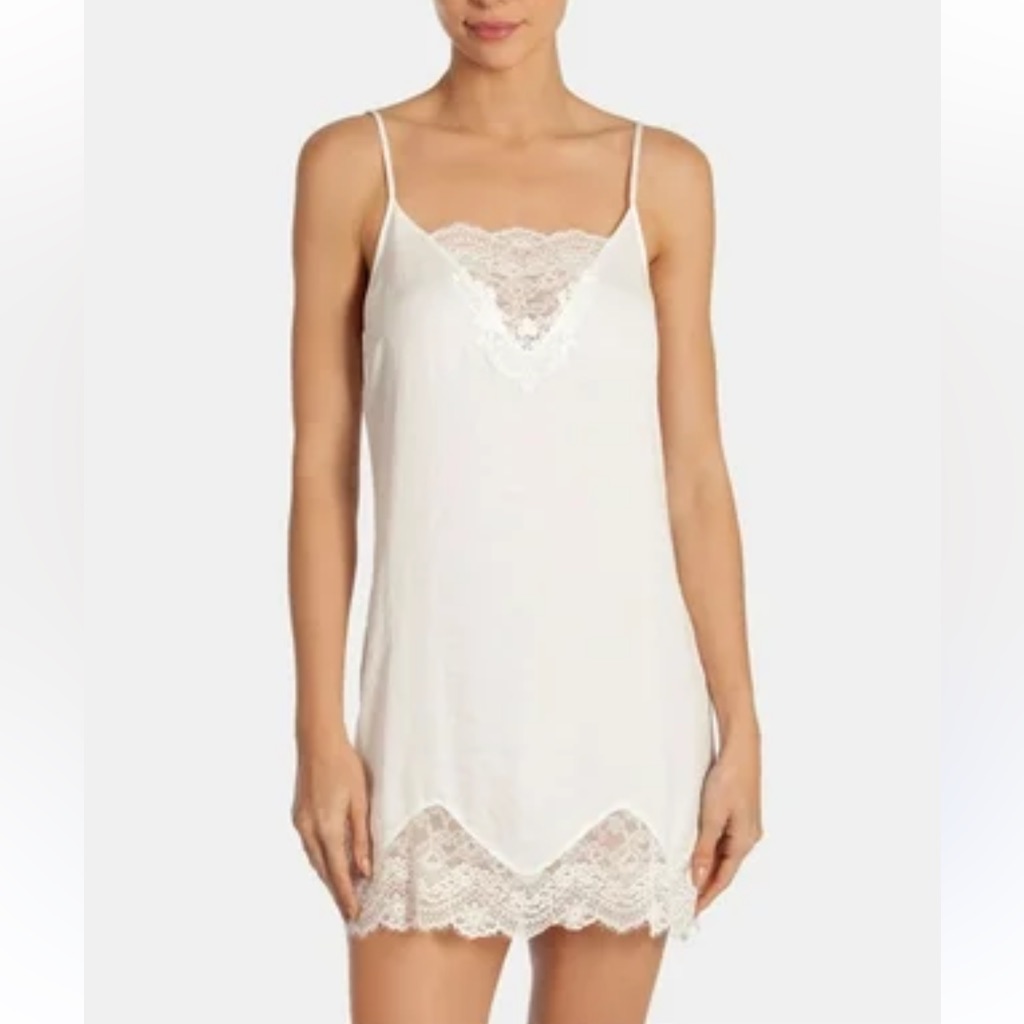 Linea Donatella Women Satin Lace, Trim Chemise Nightgown, Ivory Large